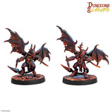 Two fantasy dragon-like figurines on black bases with 'Dungeons & Lasers' logo above.