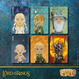 Set of 'The Lord of the Rings' themed cards with character illustrations on a textured blue background.