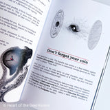 Open book with illustrations and text on a white background