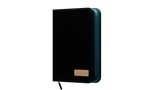 Black and teal card binder with a brand logo on a white background