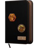 Black notebook with gold accents featuring logos and text on a white background