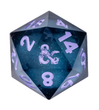 D20 polyhedral dice with blue and purple numbers on a white background