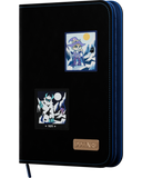 Black card binder with character illustrations on a white background