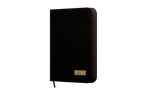 Black leather-bound binder with gold emblem on a white background