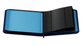 Foldable card binder with blue and black sections on a white background