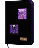 Black card binder with purple accents and character illustrations on a white background