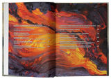 Open book with fiery design and chapter titles on a black background