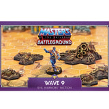 Masters of the Universe Battleground set with figure and accessories on a hexagonal tile background