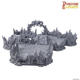 Tabletop game scenery with dragon design on a white background, featuring the 'Dungeons & Lasers' logo.