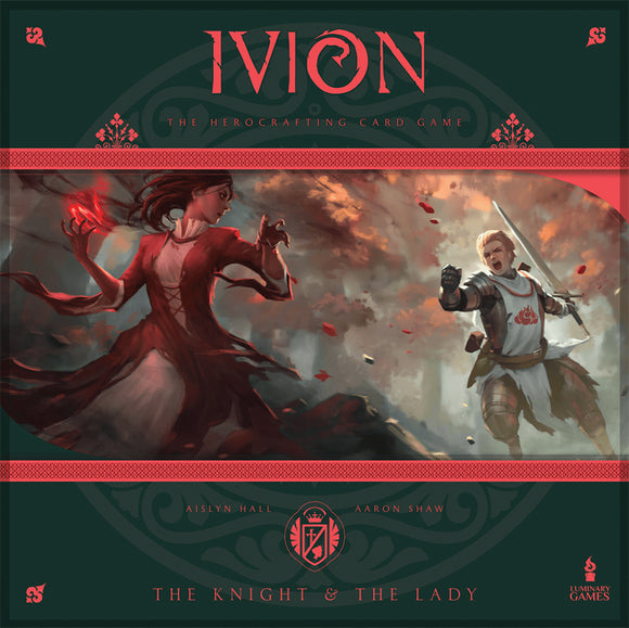 Board game box for 'Ivion' featuring two characters in a dramatic pose with red and black design elements.