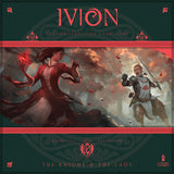 Board game box for 'Ivion' featuring two characters in a dramatic pose with red and black design elements.
