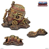 Decorative steampunk helmet with mechanical components on a white background, featuring the Masters of the Universe Battleground logo.