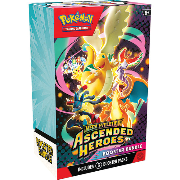 Pokémon Trading Card Game Mega Evolution Ascended Heroes booster bundle packaging.