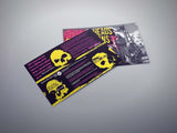 Two promotional posters with skull designs on a gray background