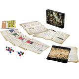 Collection of tabletop gaming components including maps, dice, and rulebooks on a white background