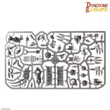 Collection of miniature figures and models on a tray with 'Dungeons & Lasers' branding.
