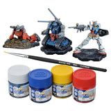 Model kits and paint jars with a paintbrush on a white background