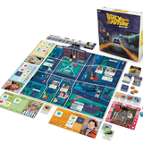 Board game set with 'Back to the Future' theme, including board, cards, and pieces.