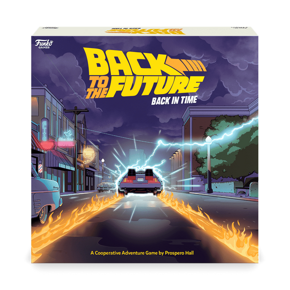 Board game box for 'Back to the Future: Back in Time' with DeLorean and city street design.