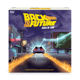 Board game box for 'Back to the Future: Back in Time' with DeLorean and city street design.