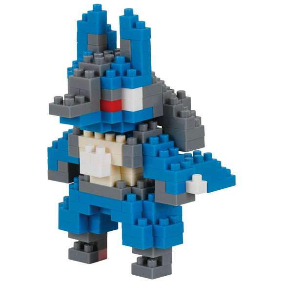 Toy figure made of interlocking bricks in blue, gray, and red on a white background