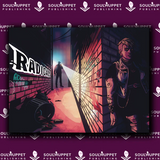 Book cover with a character standing in a alleyway, illuminated by a flashlight, on a purple background with 'Soulmuppet Publishing' logo.