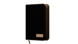 Black leather binder with gold accents on a white background
