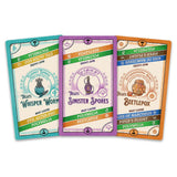 Three game cards with colorful borders and text on a white background