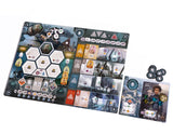 Board game components including a board, cards, and character figures on a white background
