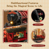Promotional graphic for a toy model train set with the headline 'Multifunctional Features Bring the Magical Scene to Life.' The layout shows a large front view of a red and black locomotive, a side view of the red passenger car, circular insets demonstrating steam effects and authentic sound effects, and labels for front/rear lighting and authentic sound effects on a beige background.