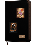 Black zippered binder with stickers of Bigfoot on a white background