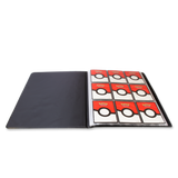 Black trading card album with red and white card holder on a white background