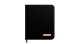 Black card binder with purple and gold accent on a white background