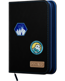 Black card binder with blue zipper, featuring logos and a brand name on a white background
