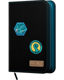 Black card binder with blue and yellow logos on a white background