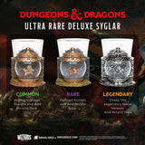 Three dice containers with different rarity levels labeled 'Common', 'Rare', and 'Legendary' on a dark background with 'Dungeons & Dragons' branding.