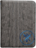 Gray textured case with a blue logo on a white background