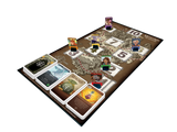 Board game with character figures and cards on a map