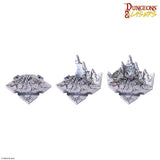 Three metallic fantasy castle models on a white background with 'Dungeons & Lasers' logo.