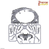 Plastic terrain pieces with intricate designs and a creature illustration on a white background, featuring the 'Dungeons & Lasers' logo.