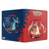 Pokémon trading card game binder with Charizard design on red and blue cover