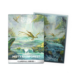 Two dragon-themed card sleeves with a misty rainforest design on a white background.