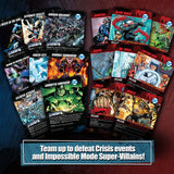 Collection of DC superhero trading cards on a dark surface with promotional text.