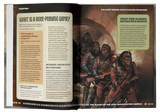 Open book showing a page about role-playing games with a cover illustration of apes.