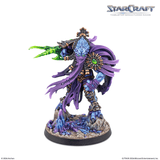 A painted StarCraft tabletop miniature figurine on a white background, featuring a blue and purple armored character with a flowing purple cloak and green clawed weapon. The StarCraft logo appears in the top right, with copyright text for Archon and Blizzard Entertainment at the bottom.