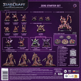 Back cover of the StarCraft Tabletop Miniatures Game Zerg Starter Set box, showing numerous small Zerg miniatures, plastic trinkets, included manuals, and product information on a dark purple background.