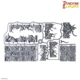 Set of gray miniature terrain pieces for Dungeons & Dragons on a white background with 'Dungeons & Lasers' branding.