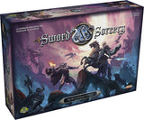 Board game box for 'Sword & Sorcery' with fantasy characters on a purple background