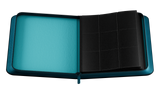 Teal and black card binder on a white background