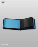 Card binder with blue and black sections on a gray background